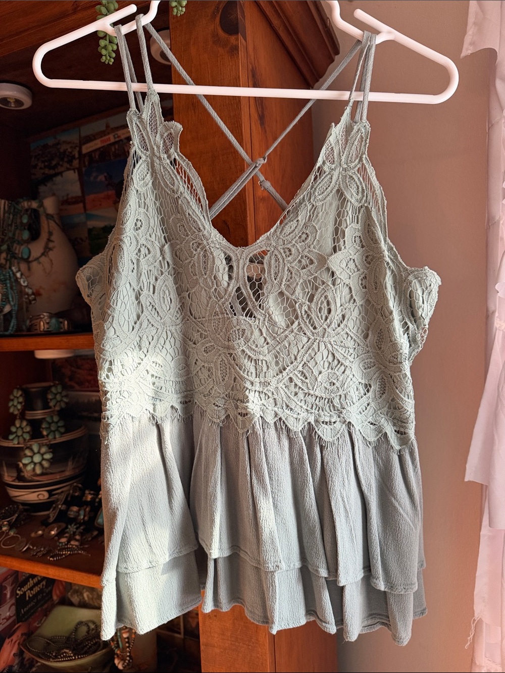 entro Sage Green Lace Tiered Tank Top